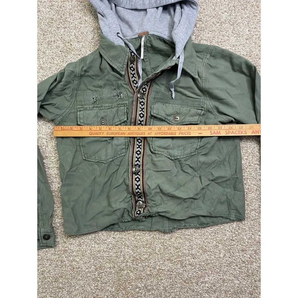 Free People Women's S Olive Utility Hooded Jacket Distressed Cotton Boho